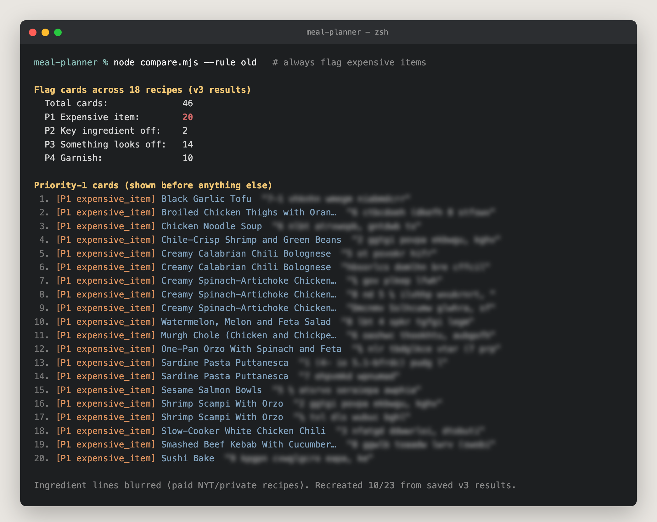 Before: a terminal output listing 20 top-priority expensive-item questions across 18 recipes