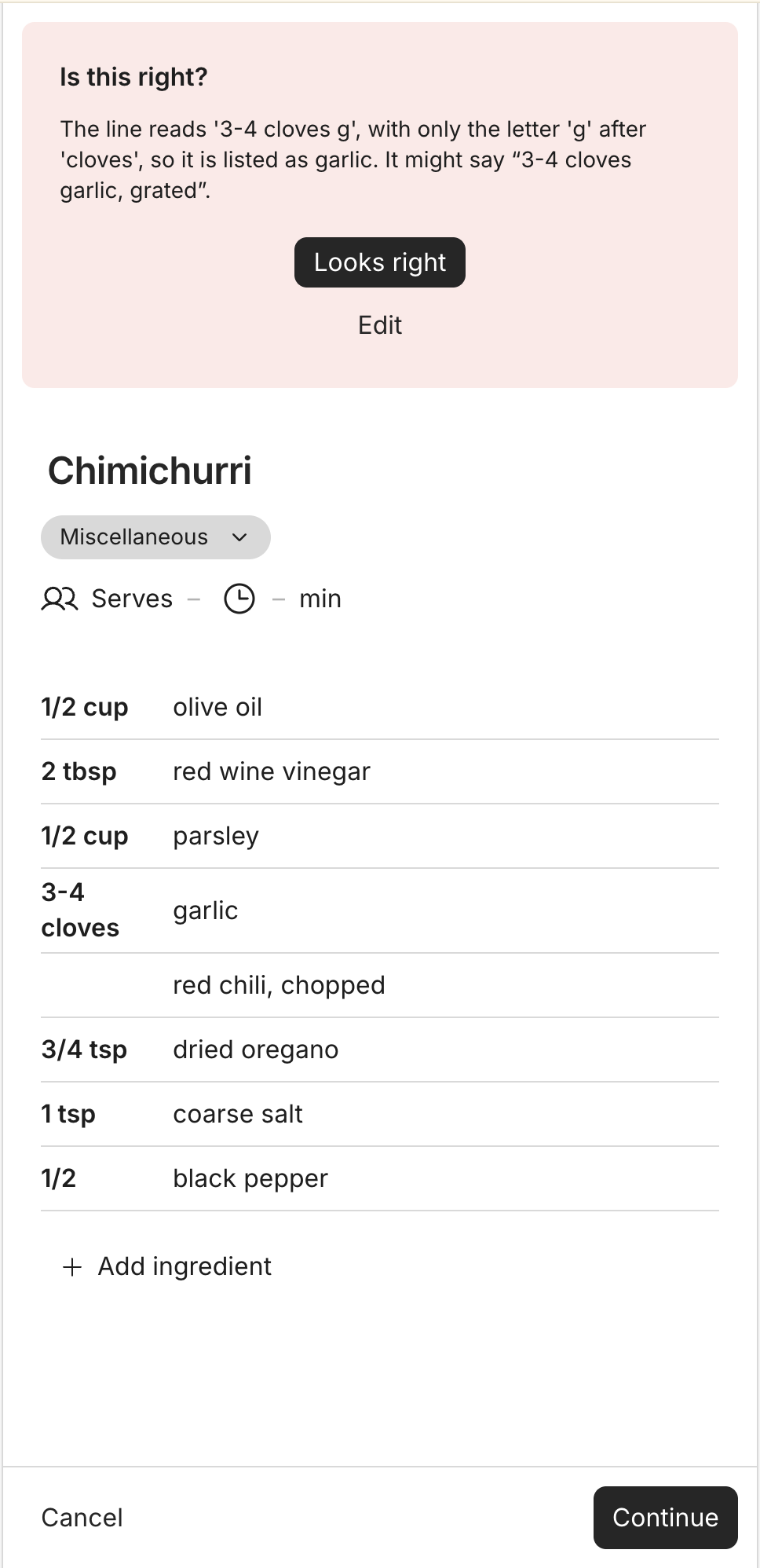 happy mom asking: Is this right? The line reads 3-4 cloves g, listed as garlic, with Looks right and Edit buttons