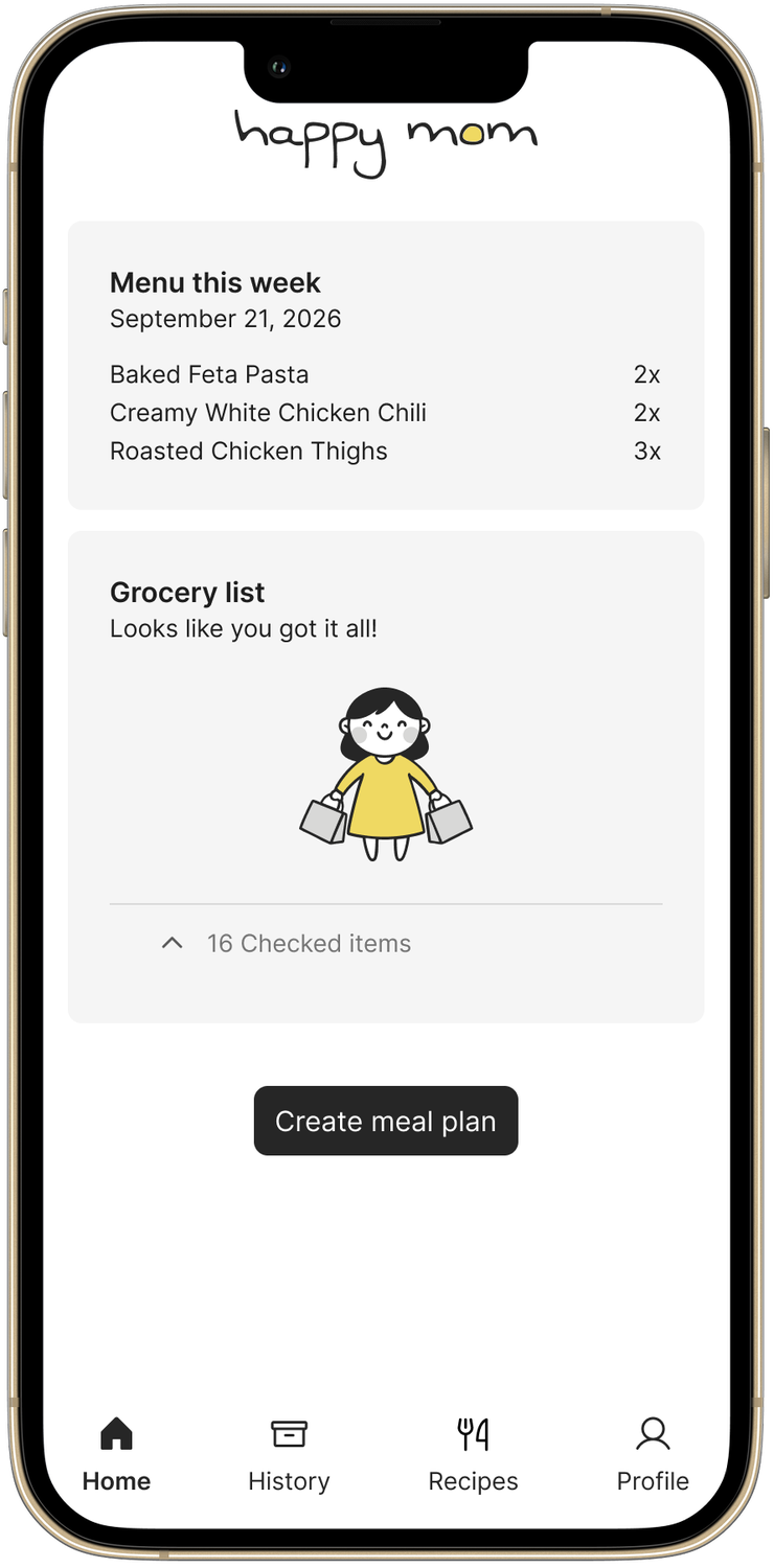 Done state: Looks like you got it all, with the happy mom character and 16 checked items