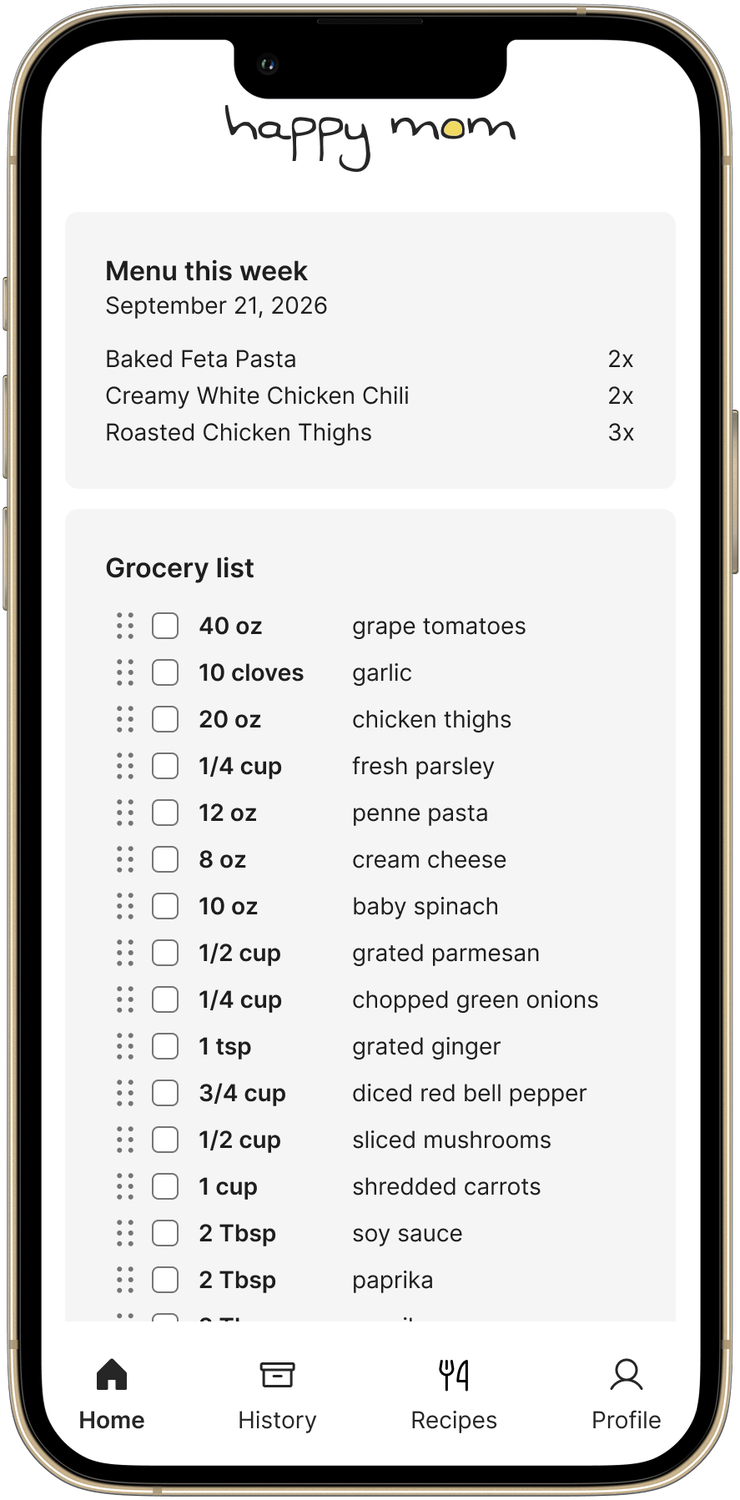 Home screen with this week’s menu and the full grocery list