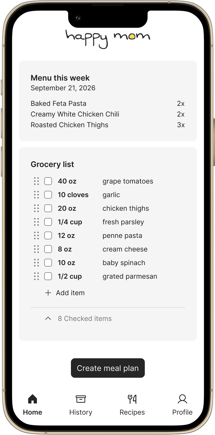 Home screen mid-shop: 8 items left, with checked items folded into an 8 Checked items row