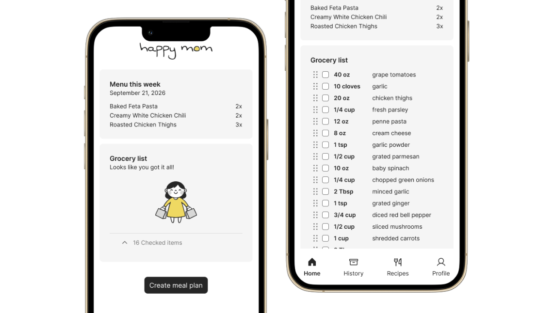 Two phones showing happy mom: this week’s menu and the shared grocery list