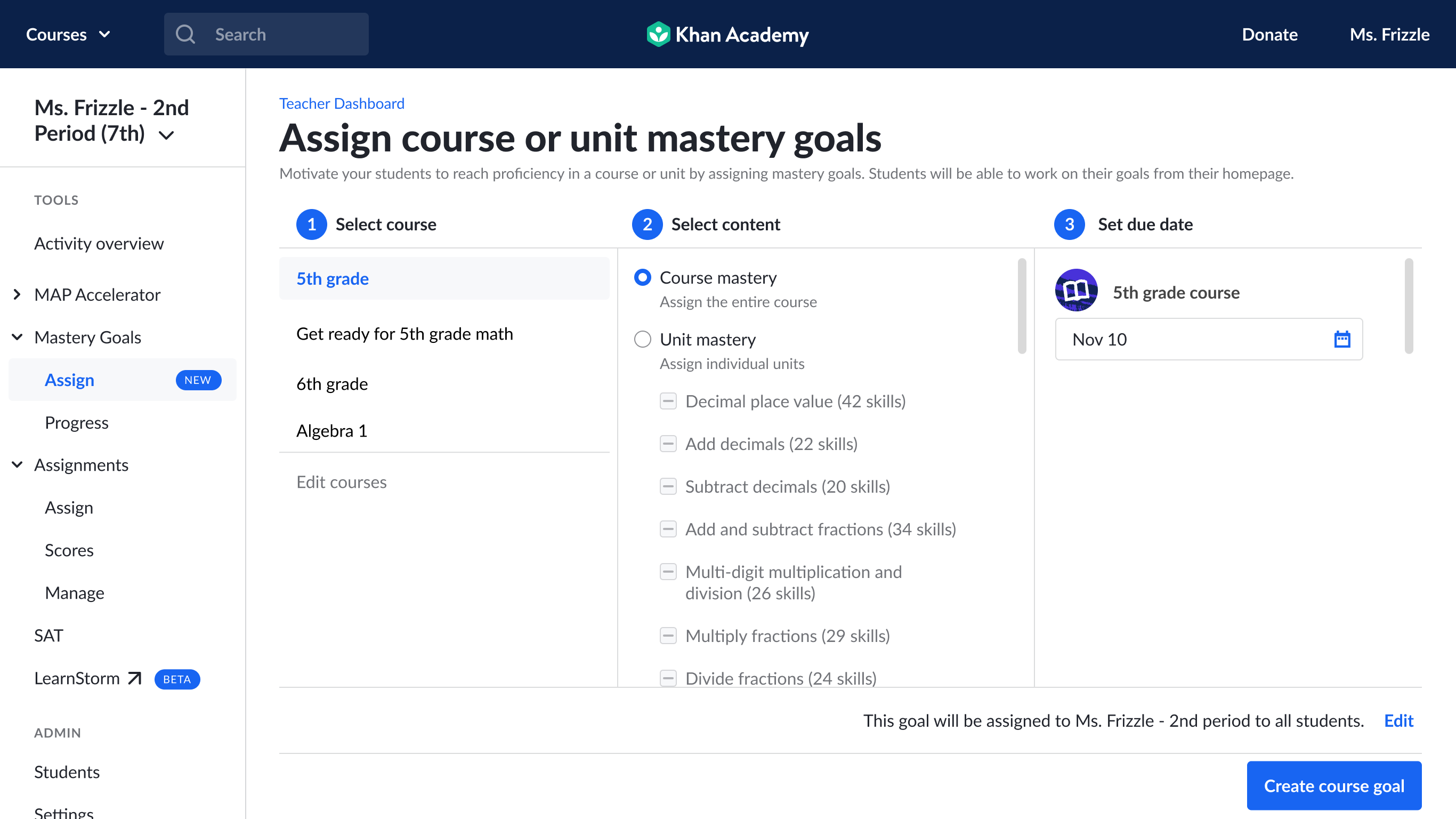 Old Khan Academy: assigning a course mastery goal from the left nav