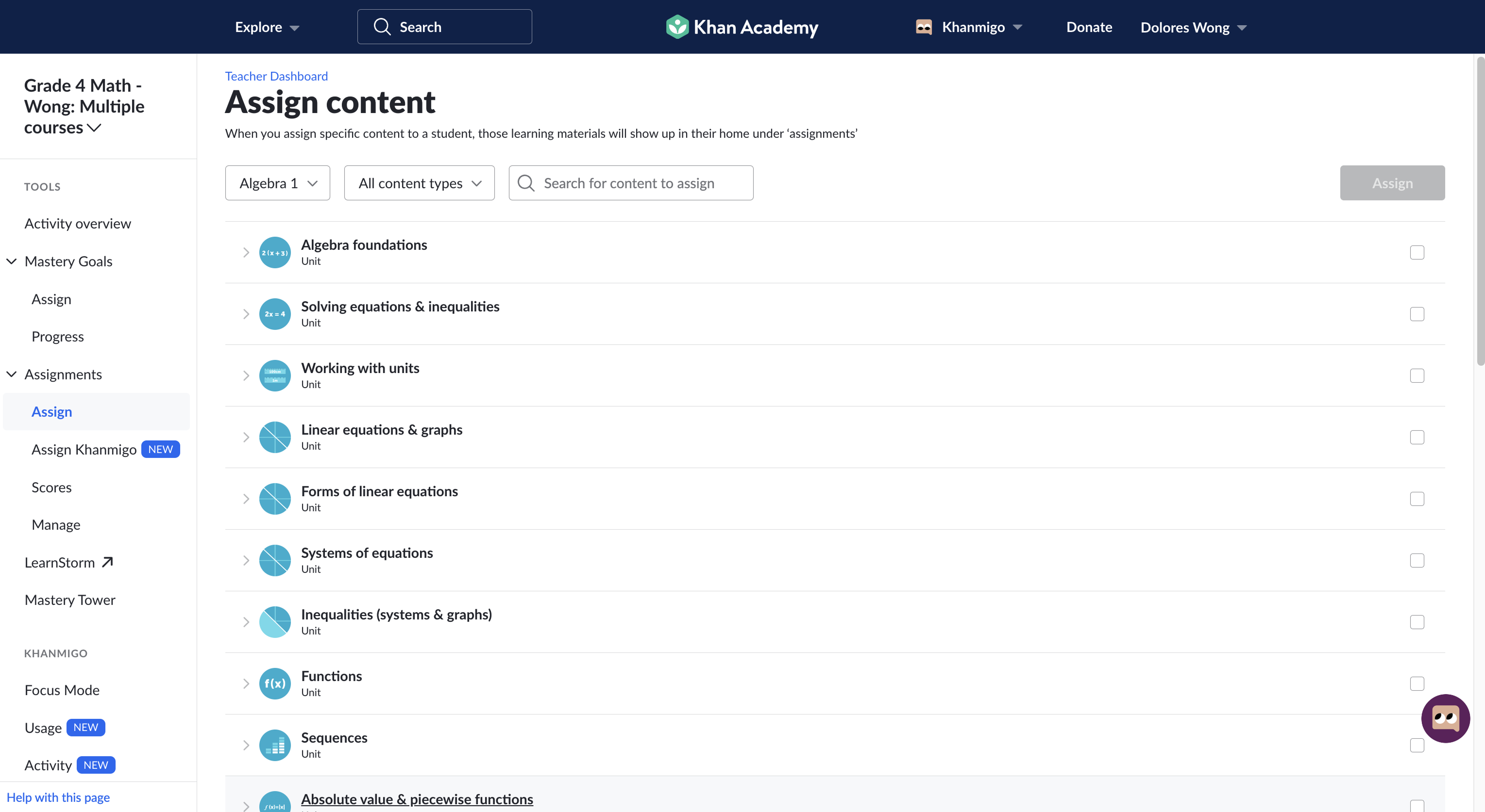 Old Khan Academy: assigning individual content from a different spot in the left nav