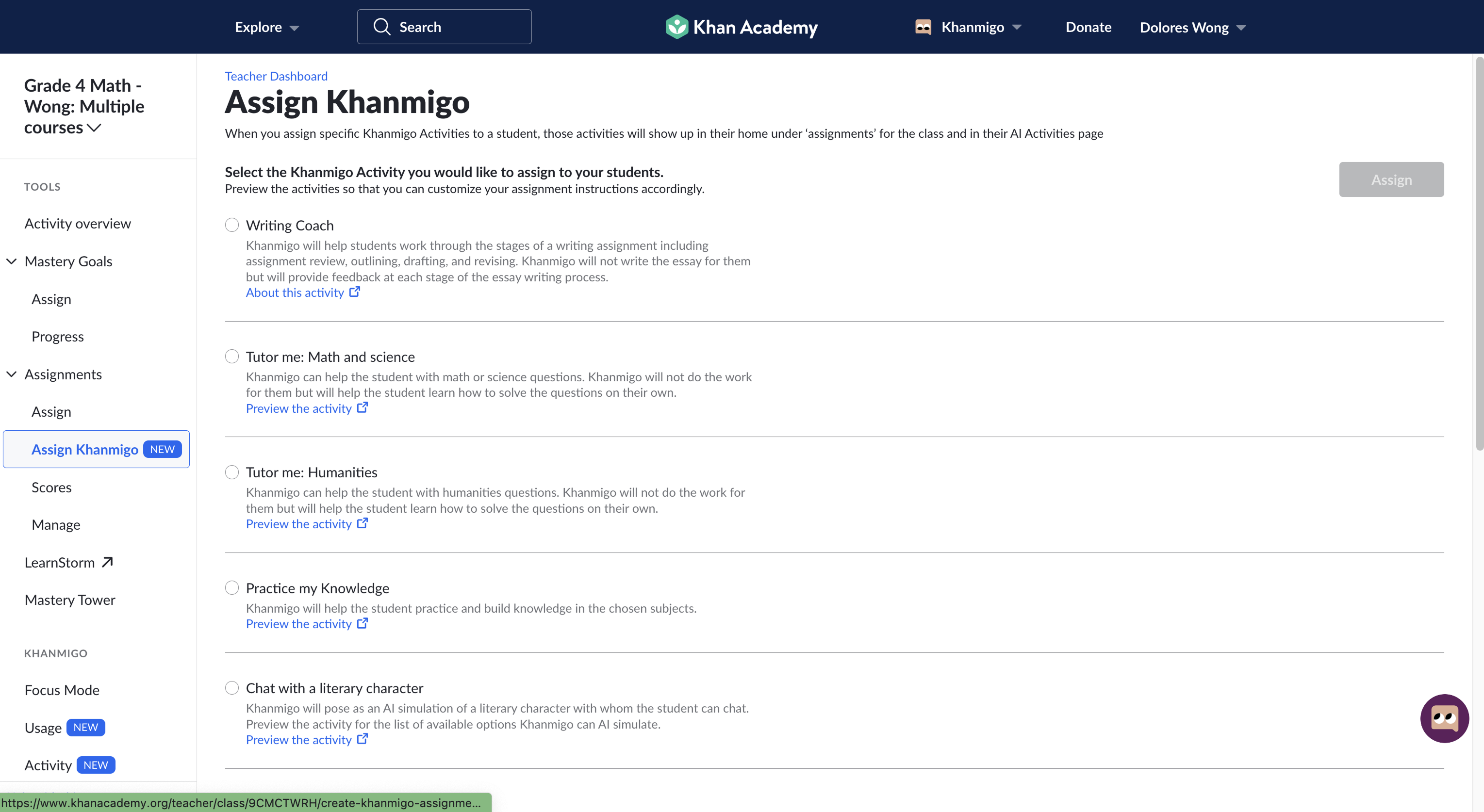 Old Khan Academy: assigning a Khanmigo activity from a third place