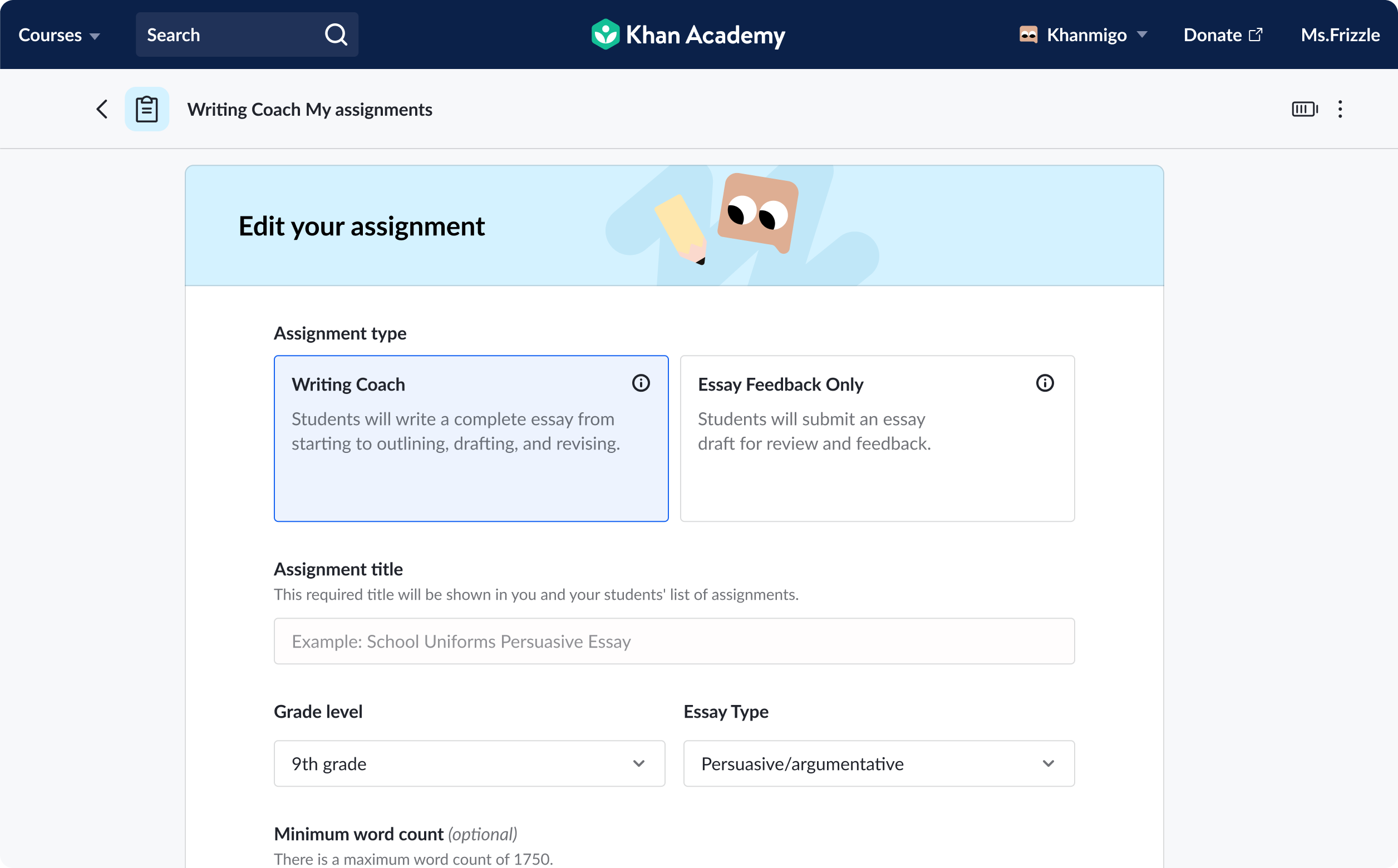 Writing Coach, about to add a fourth place to assign