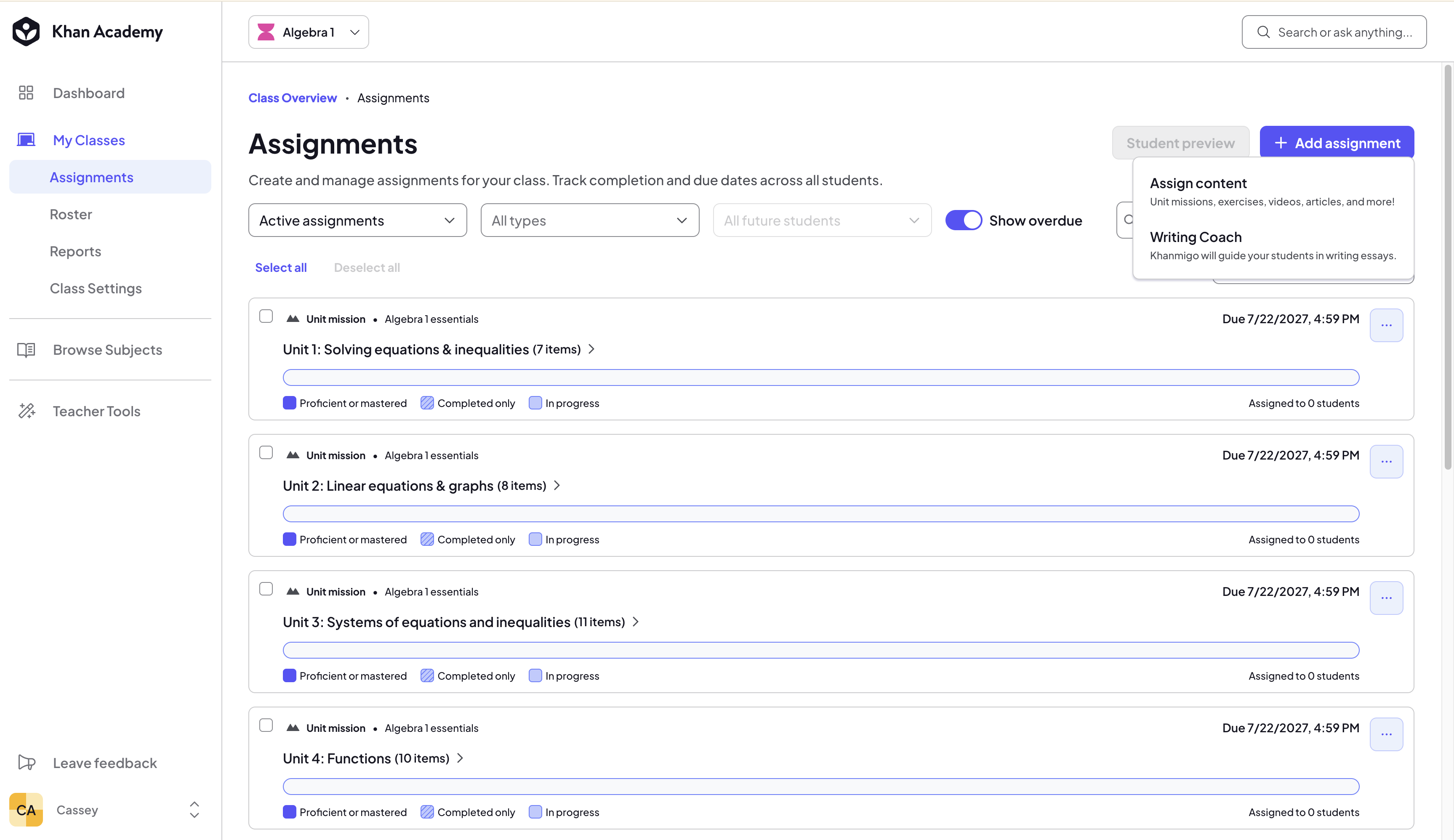 Today’s version: redesigned assignments list with the menu cut to two types