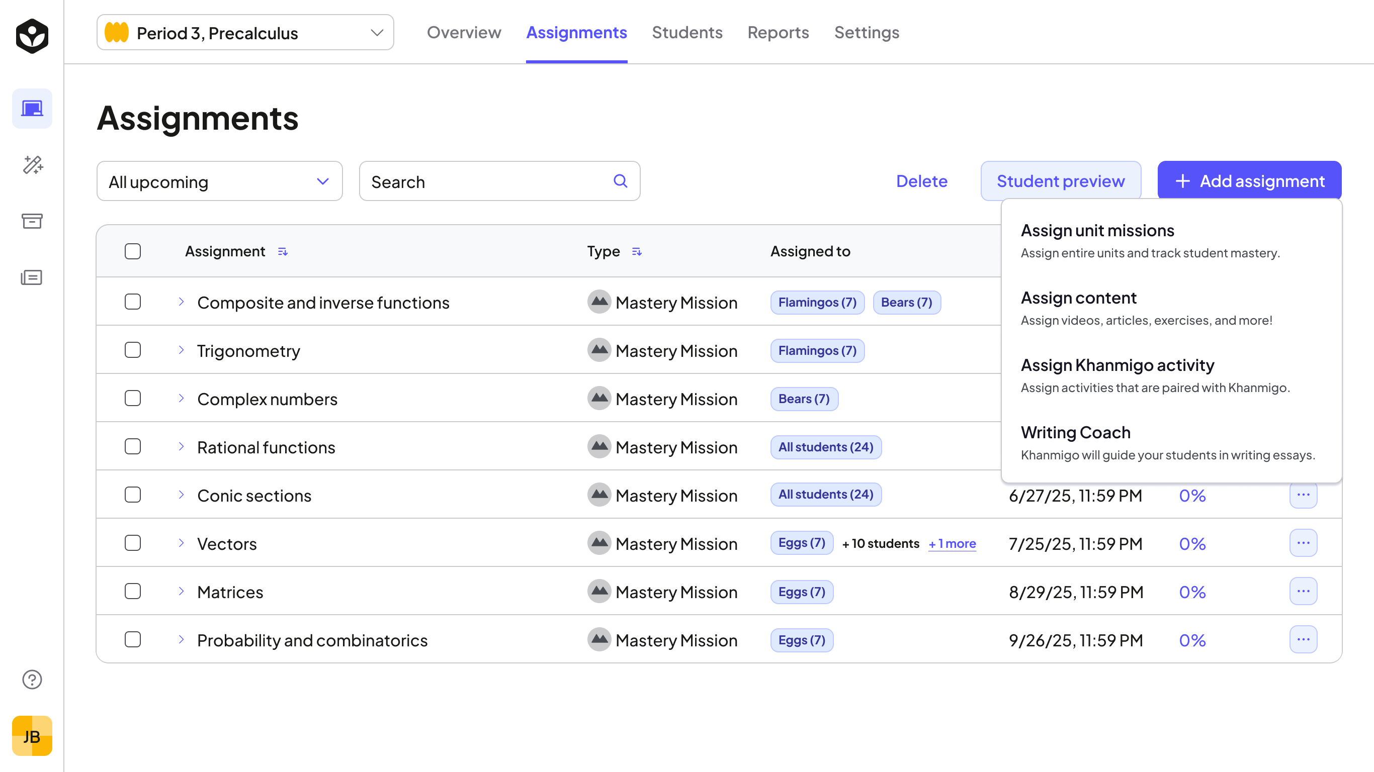 v1 Assignments page with the Add assignment menu open, showing four assignment types with one-line descriptions