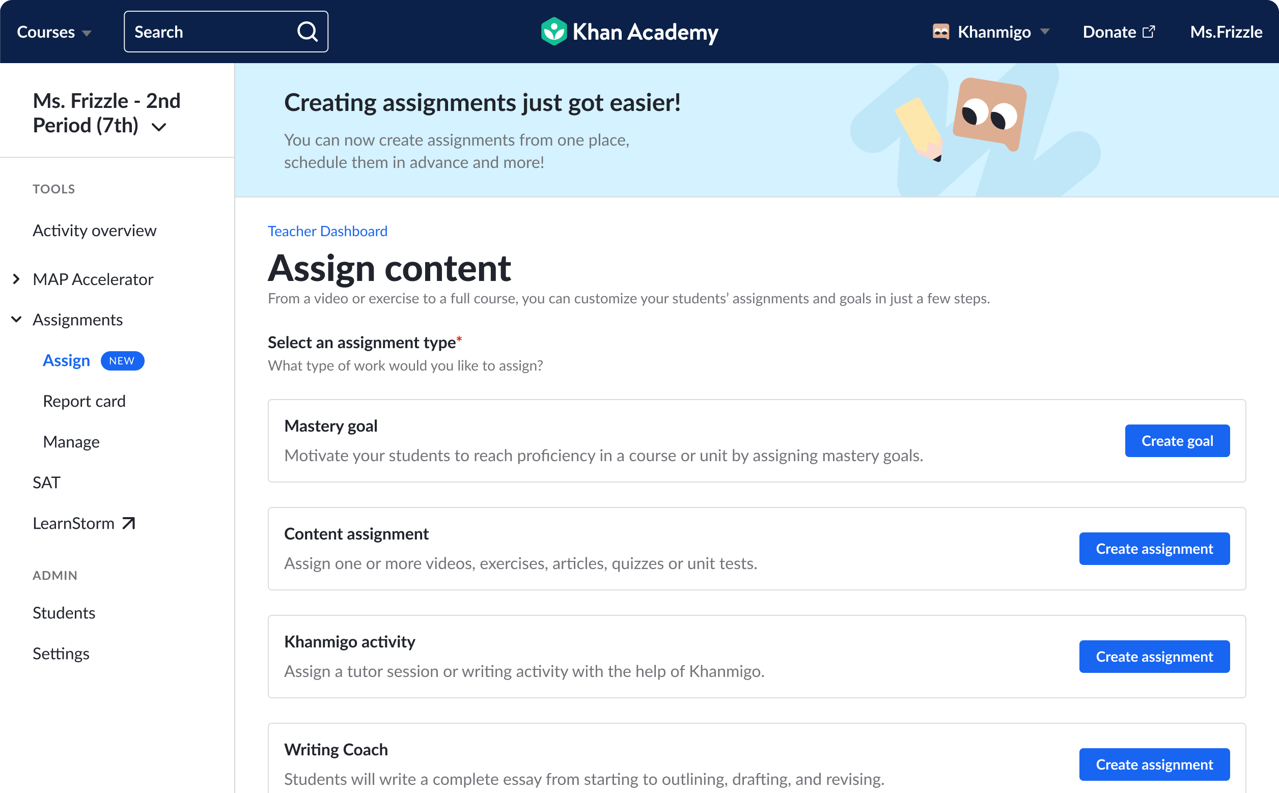 Hackathon concept: one Assign content screen listing every assignment type with a short description