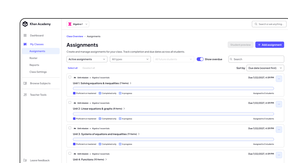 The Assignments page in Khan Academy Classroom with the Add assignment button